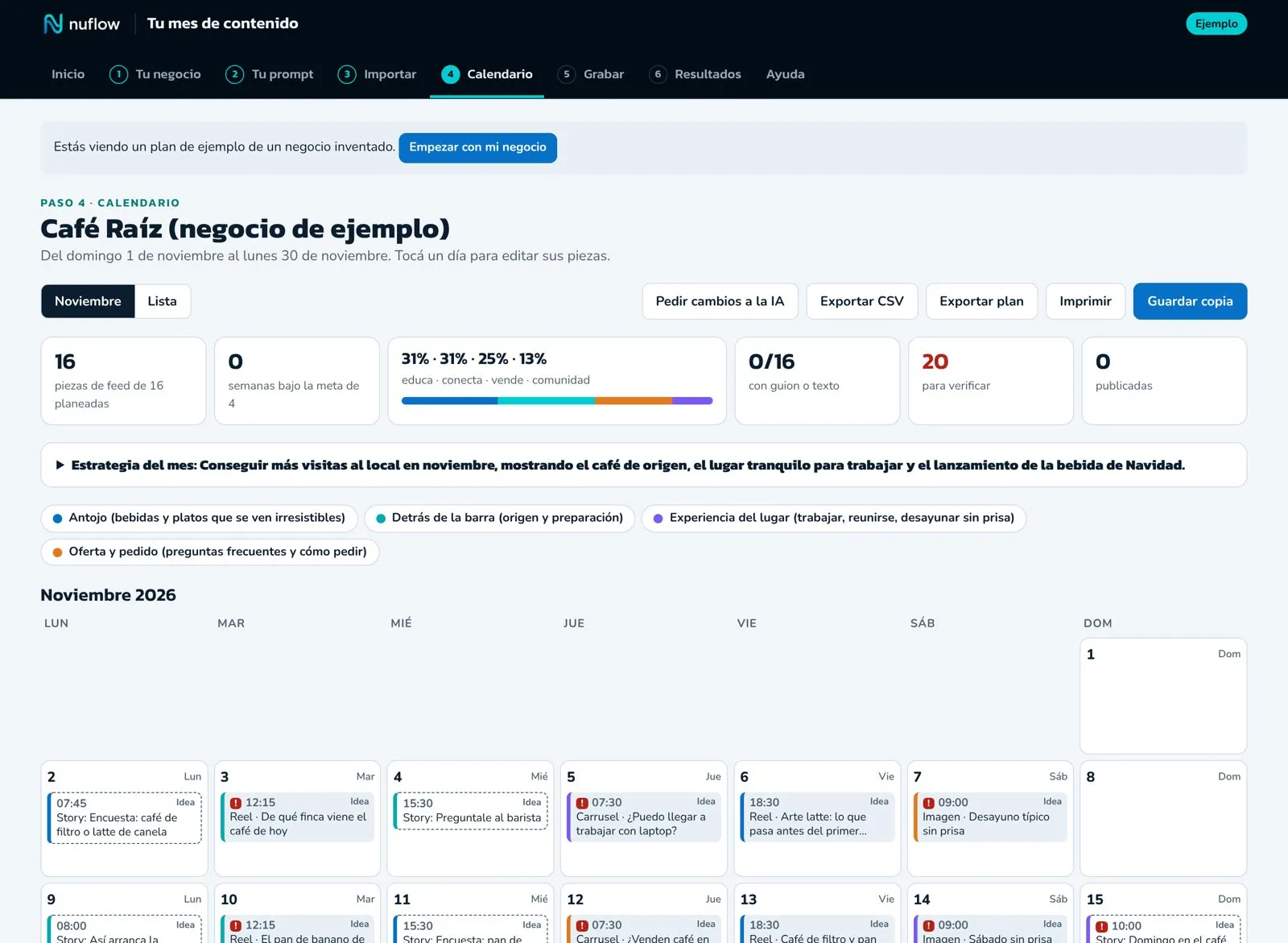 Calendario del kit con un plan de ejemplo de una cafetería